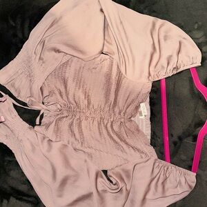 Cream Blouse with Wide Draping Neckline and Gathered Waist